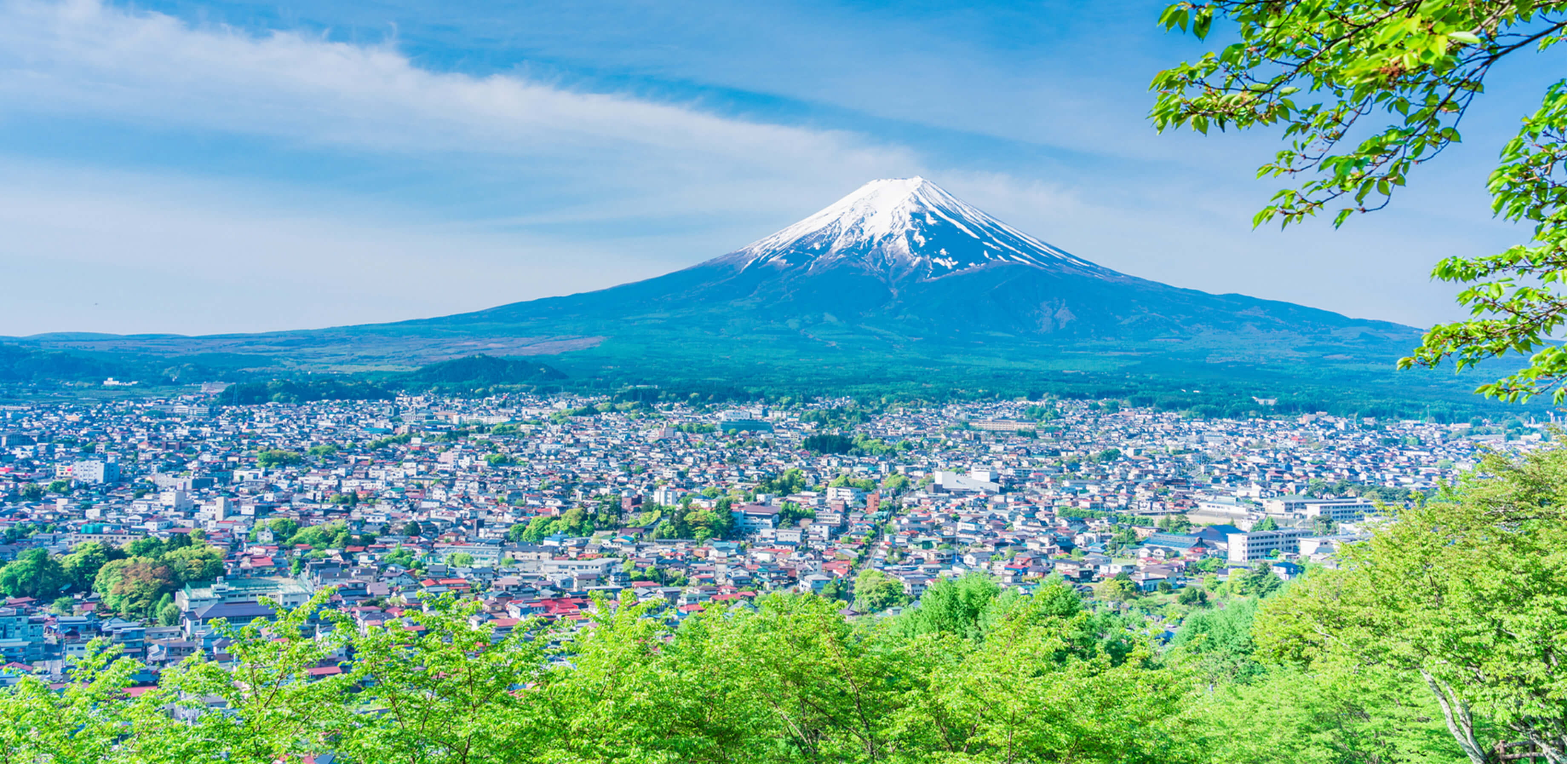 日本都市設計のヒーローイメージ。富士山を背景に広がる都市と緑の景観。持続可能な都市開発でより良い社会の実現に貢献する企業ビジョンを表現